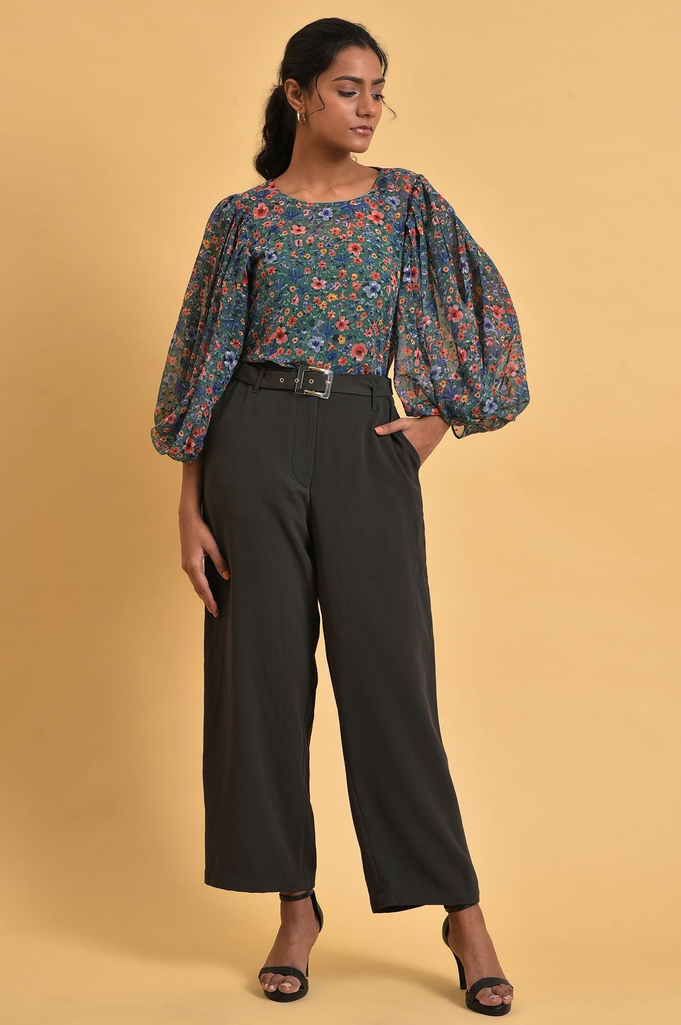 W for Woman Green Floral Printed Georgette Top with Puffy Sleeves