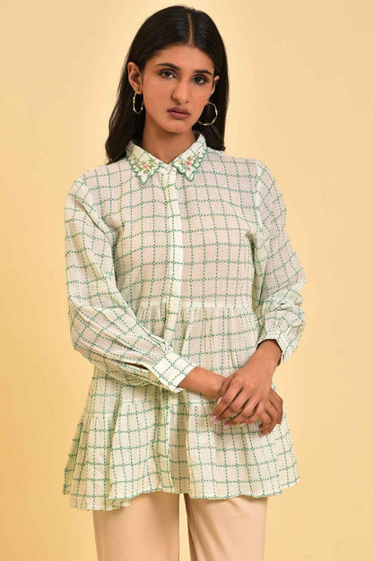 W for Woman White Tiered Top with Green Stitch Lines