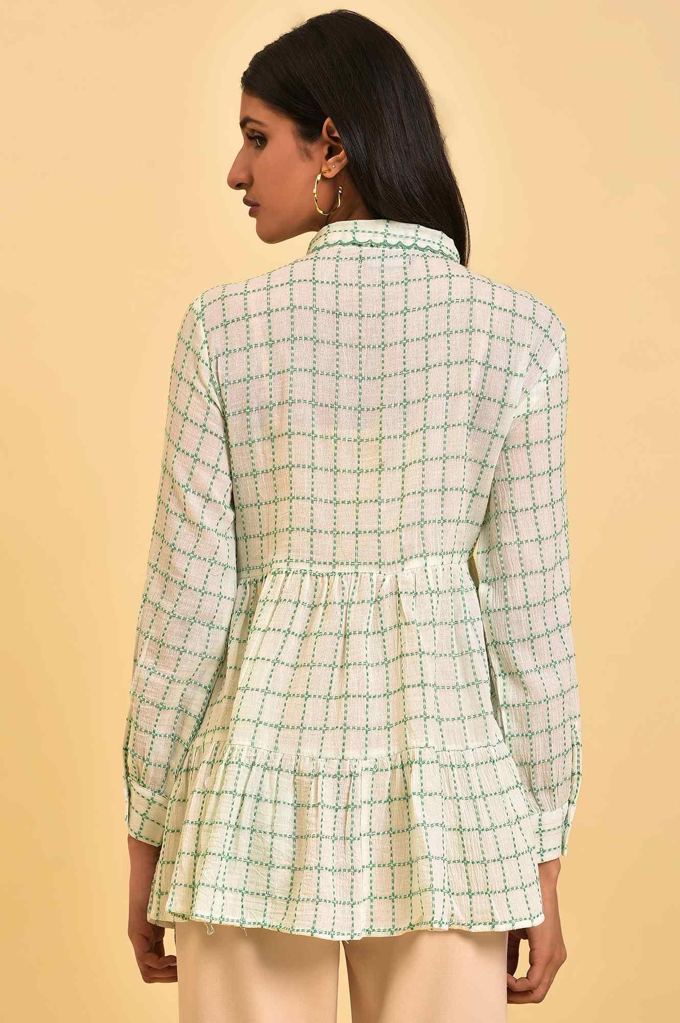W for Woman White Tiered Top with Green Stitch Lines