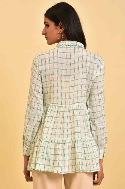 W for Woman White Tiered Top with Green Stitch Lines