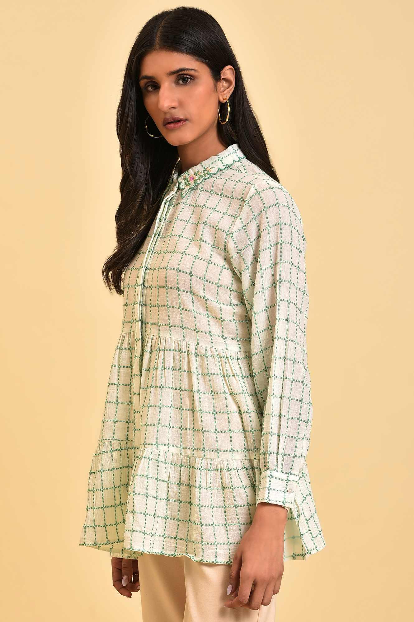 W for Woman White Tiered Top with Green Stitch Lines