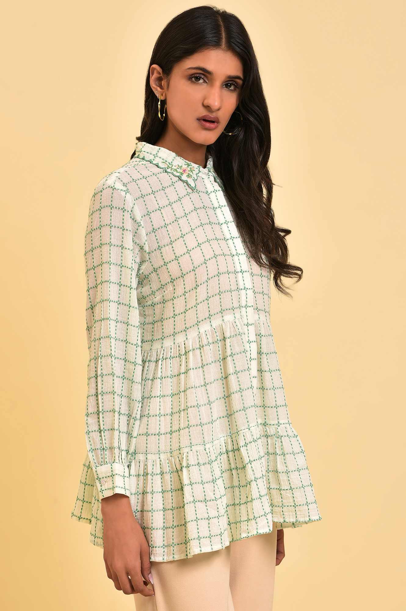 W for Woman White Tiered Top with Green Stitch Lines
