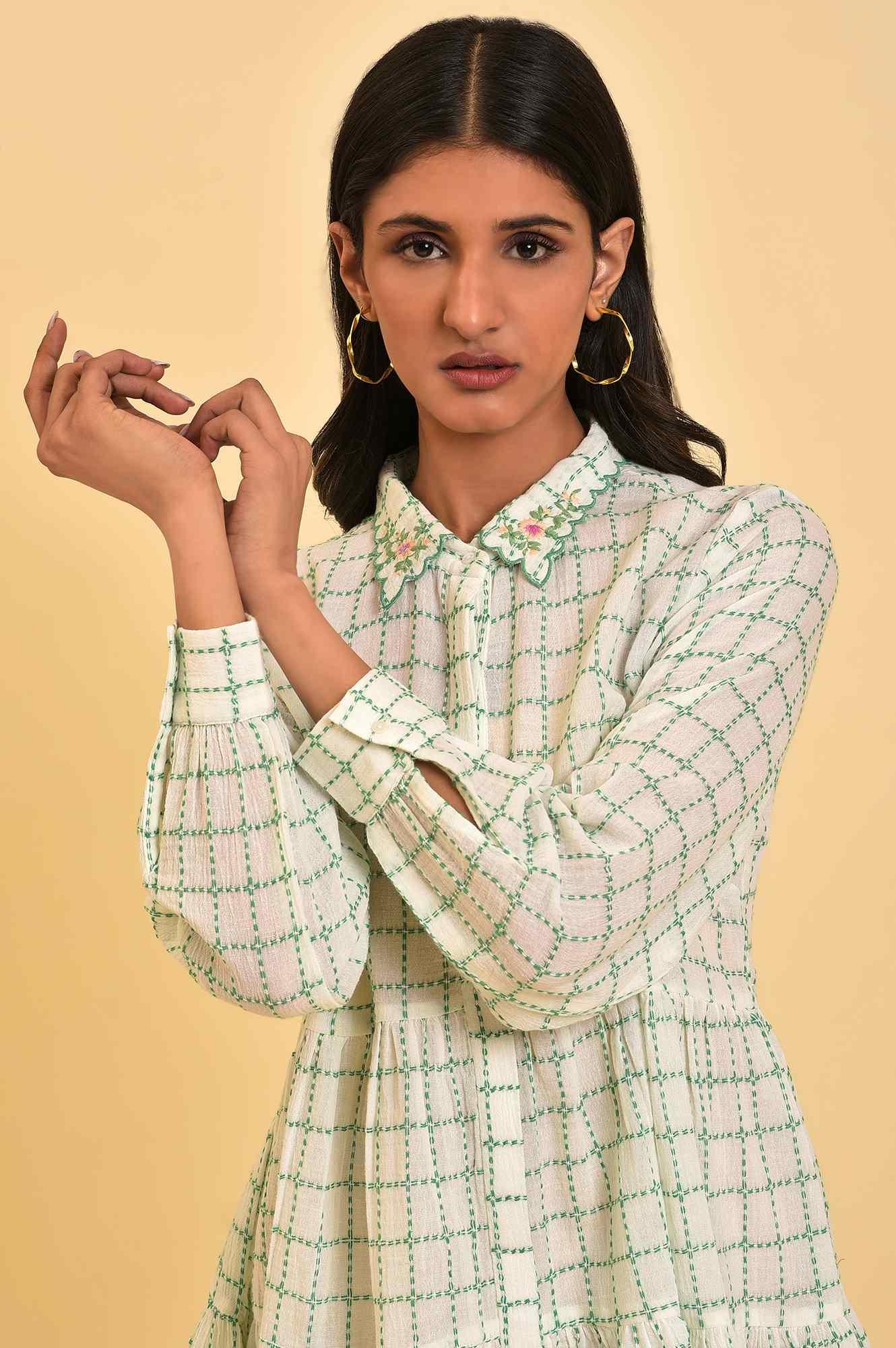 W for Woman White Tiered Top with Green Stitch Lines