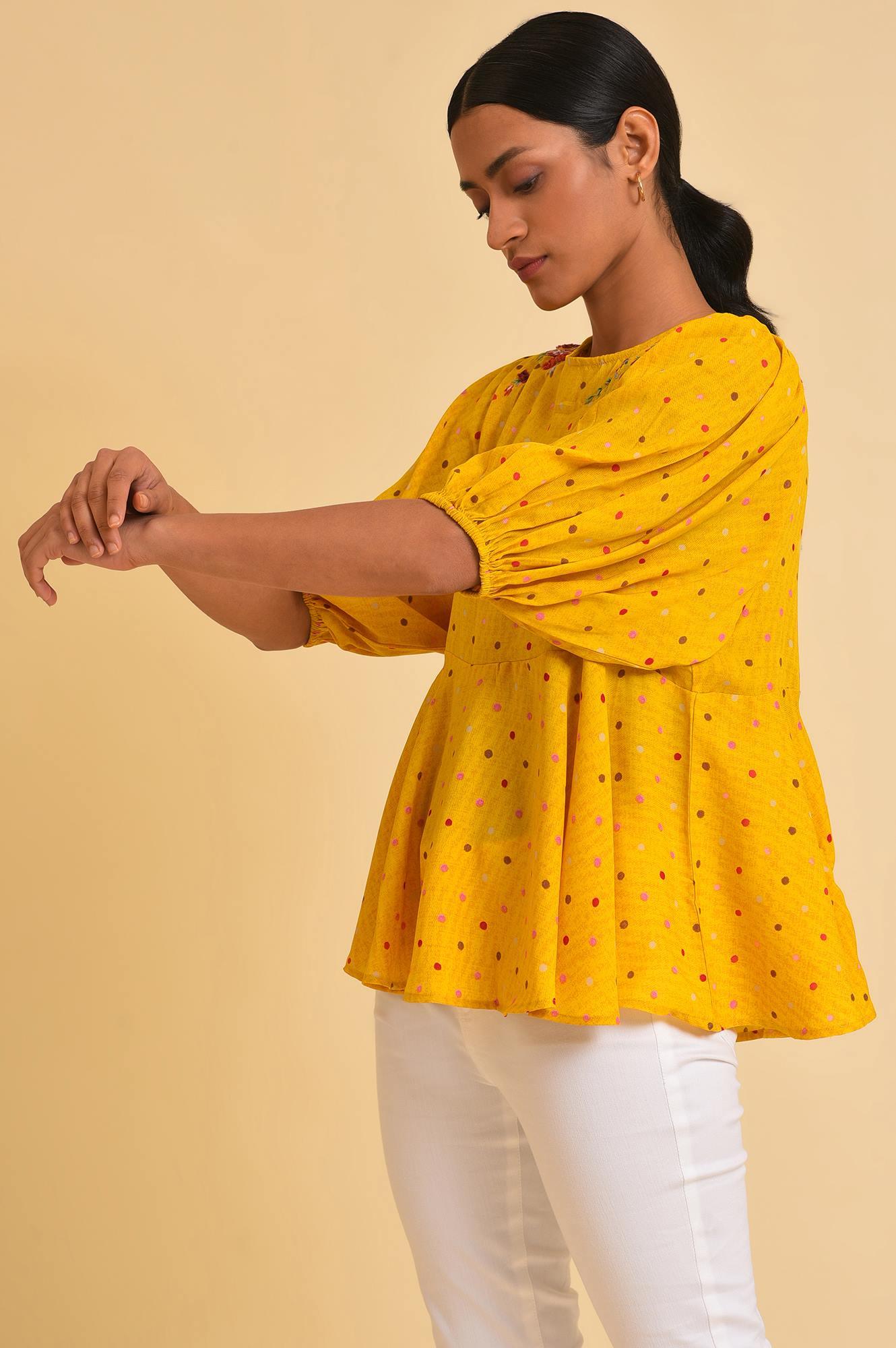 W for Woman Yellow Embroidered Peplum Top