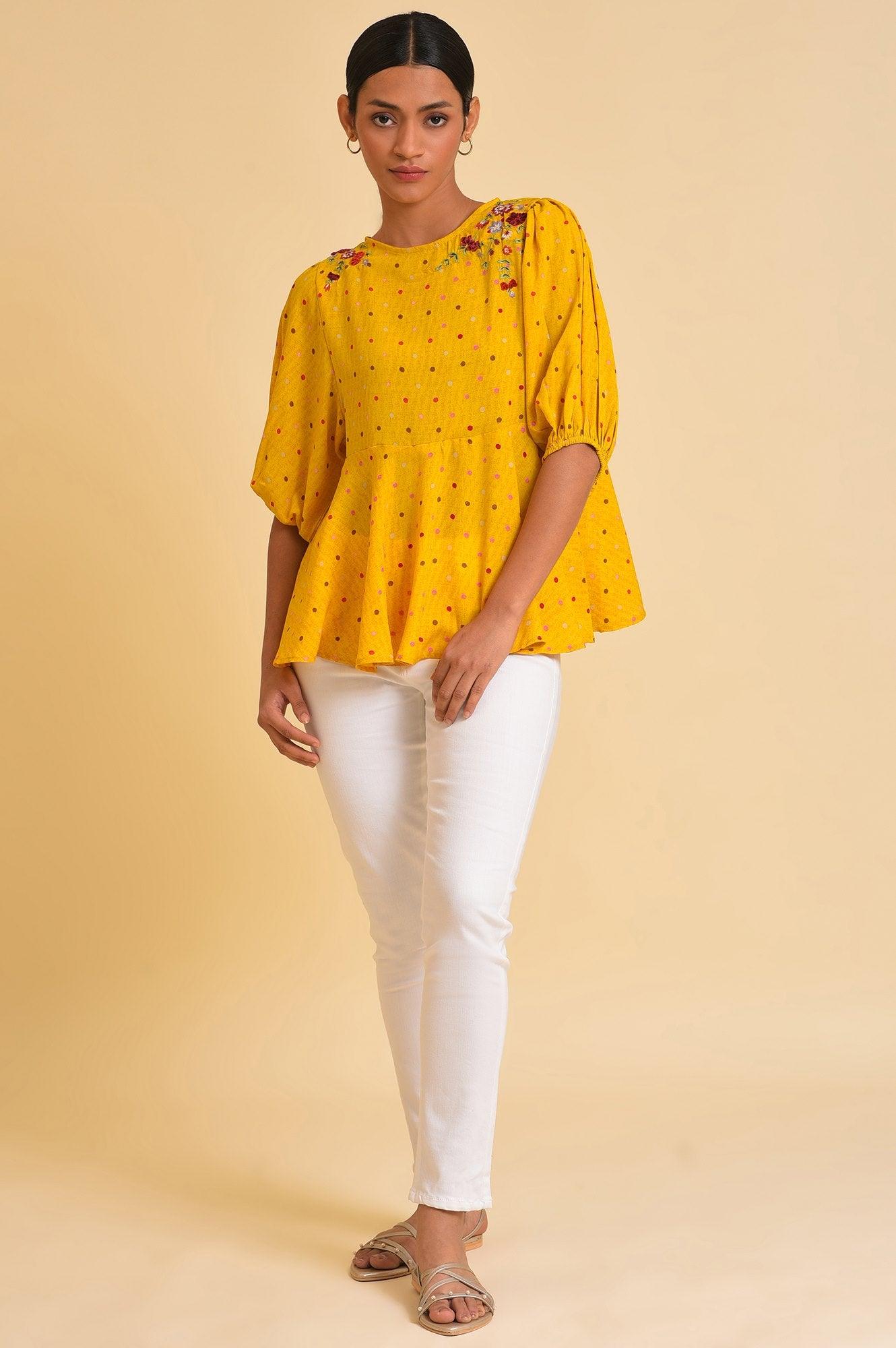 W for Woman Yellow Embroidered Peplum Top