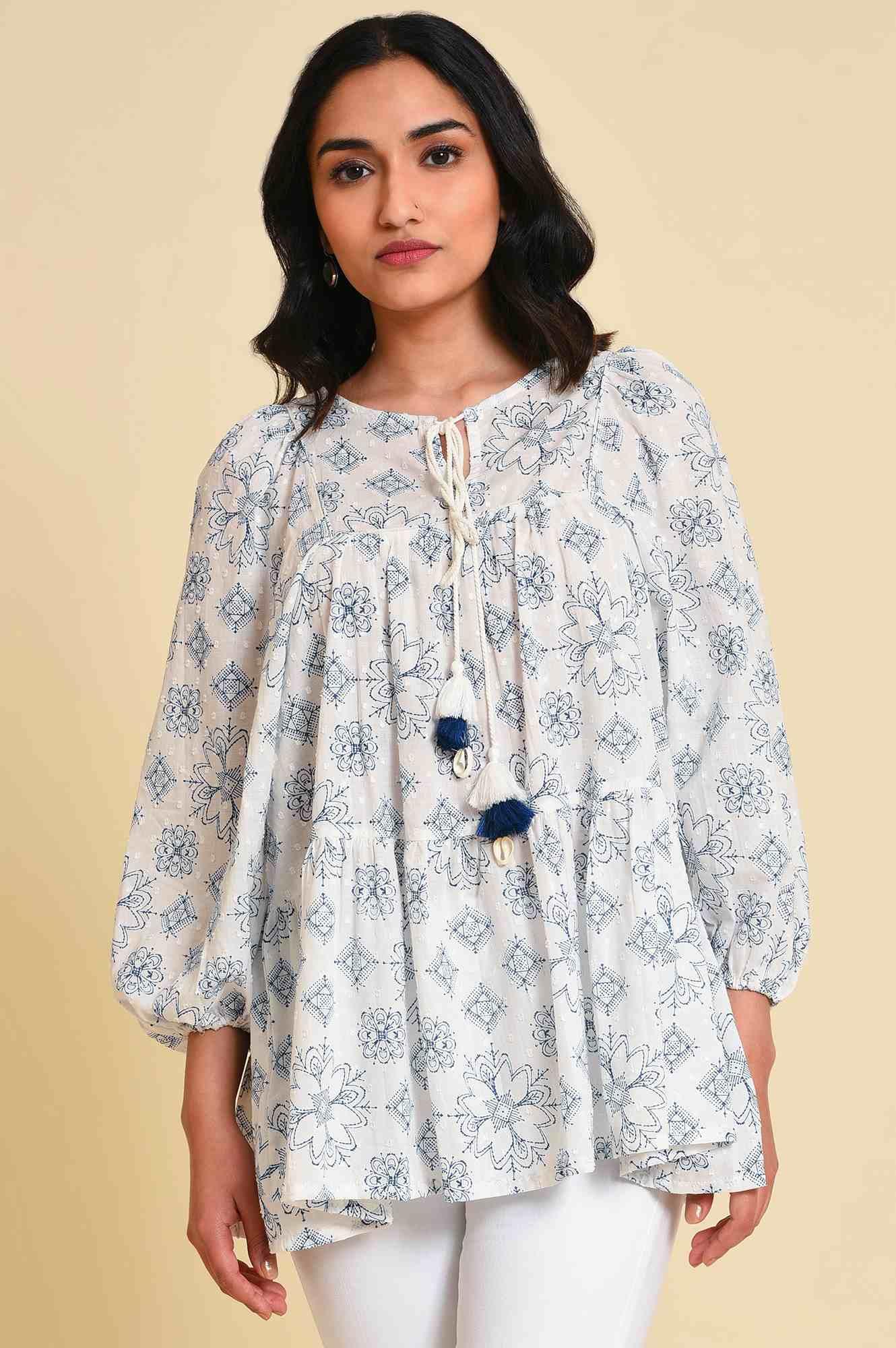 W for Woman White Geometric Print Gathered Top