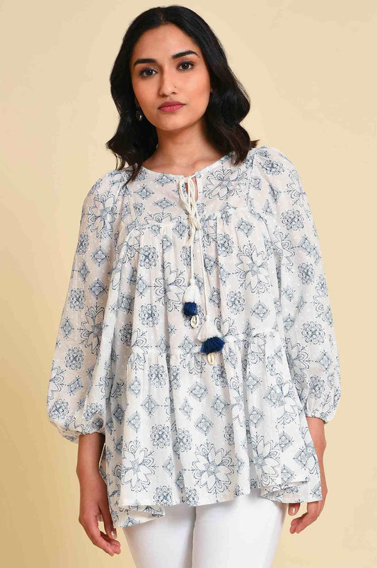 W for Woman White Geometric Print Gathered Top