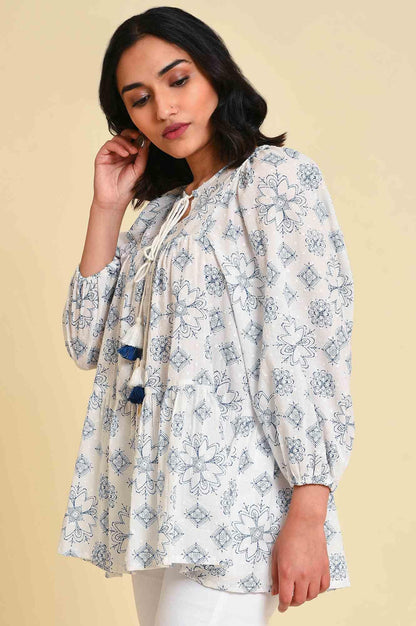 W for Woman White Geometric Print Gathered Top