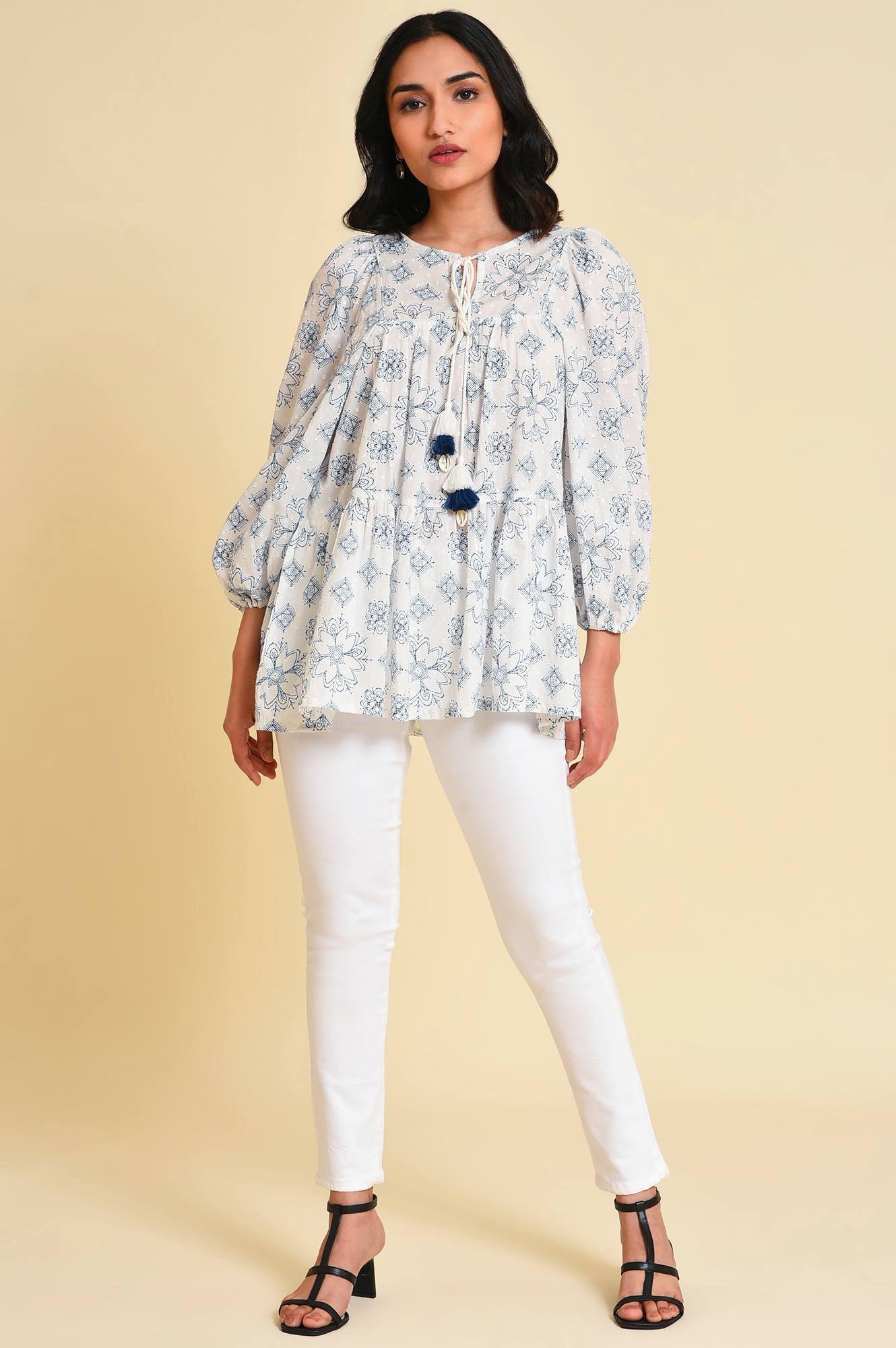 W for Woman White Geometric Print Gathered Top