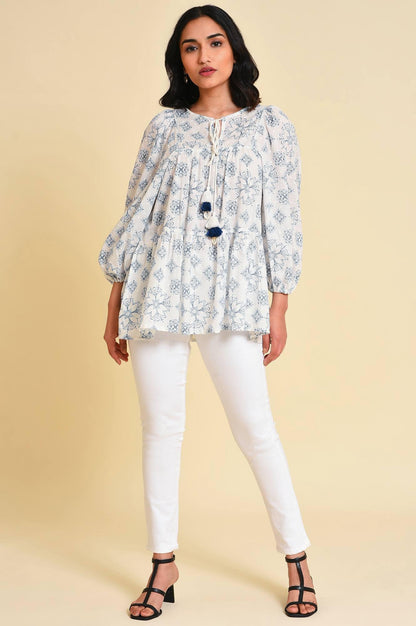 W for Woman White Geometric Print Gathered Top