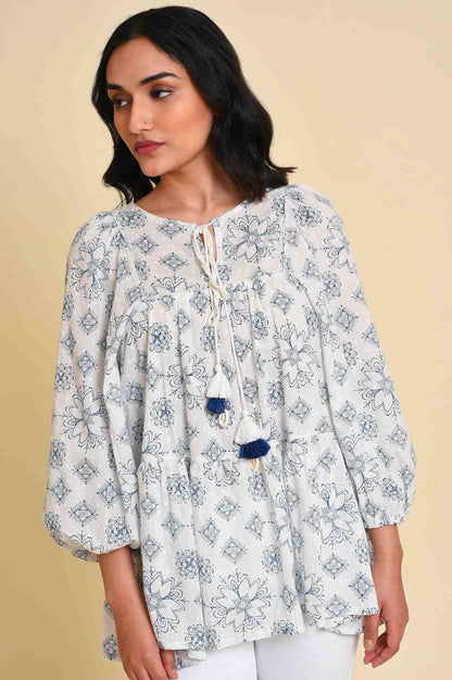 W for Woman White Geometric Print Gathered Top
