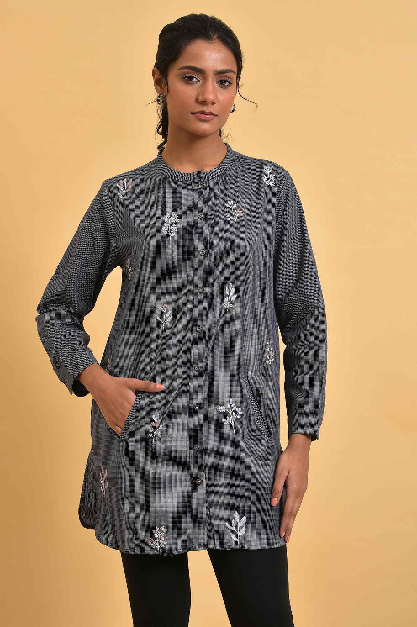 W for Woman Grey Checker Embroidered Western Tunic