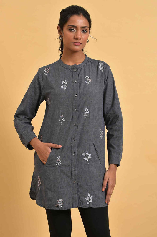 W for Woman Grey Checker Embroidered Western Tunic