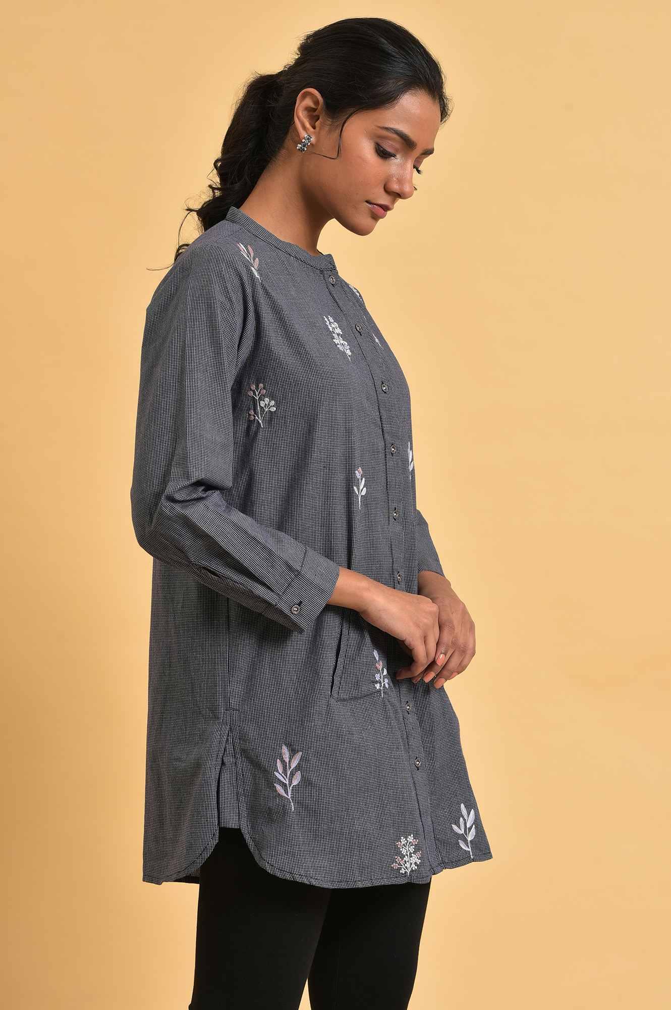 W for Woman Grey Checker Embroidered Western Tunic