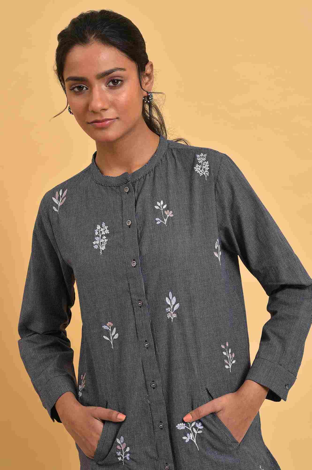 W for Woman Grey Checker Embroidered Western Tunic
