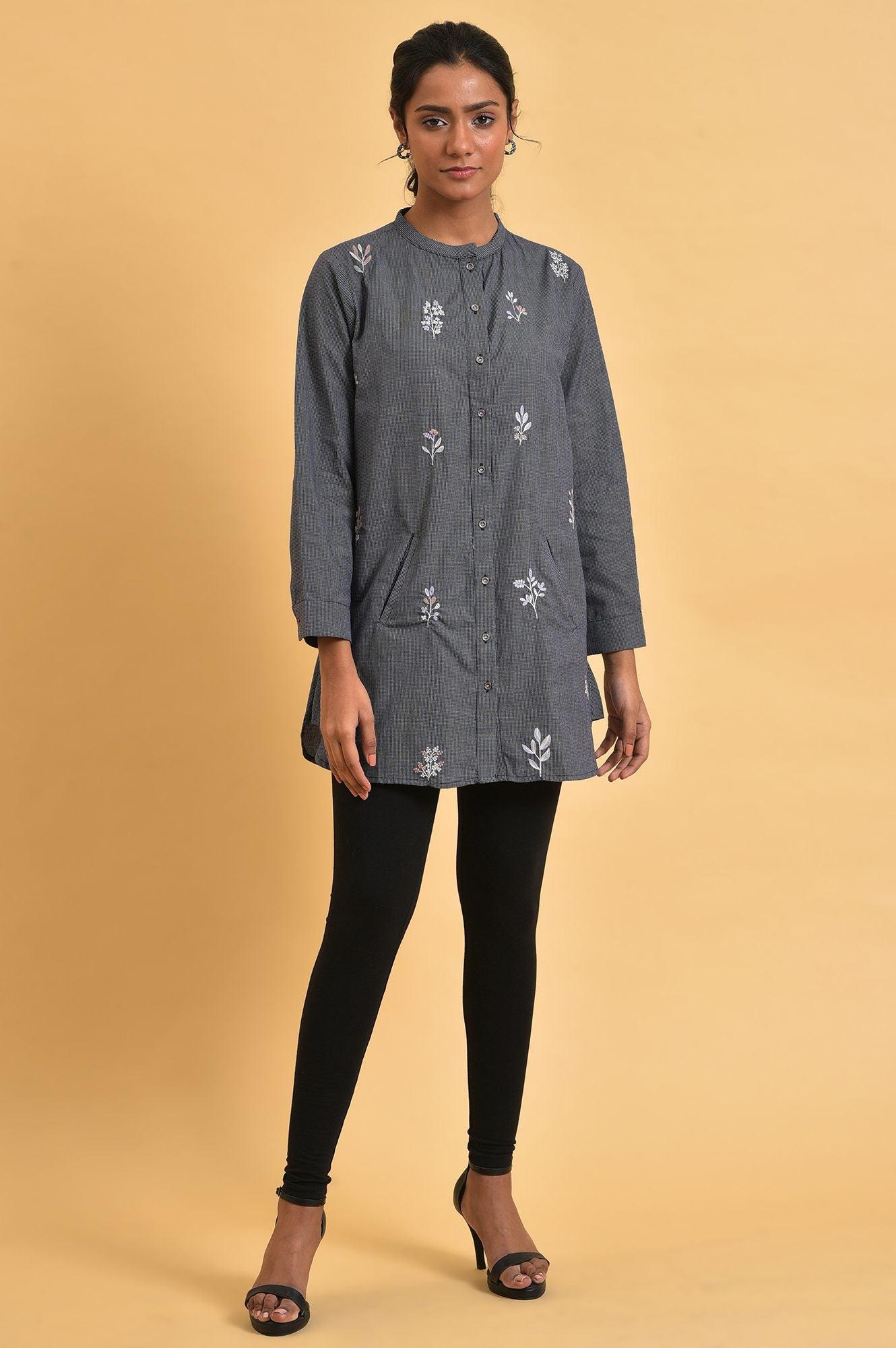 W for Woman Grey Checker Embroidered Western Tunic