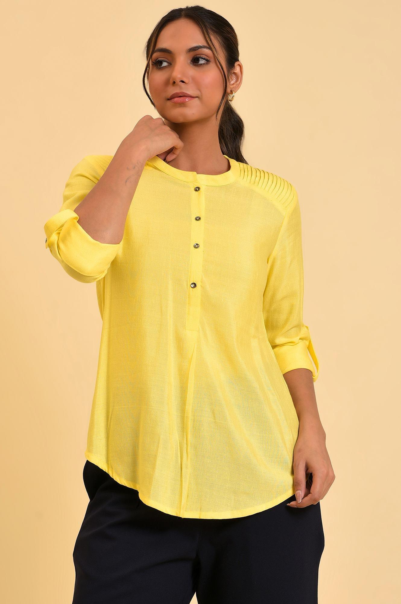 W for Woman Yellow Blue Cotton Flax Top