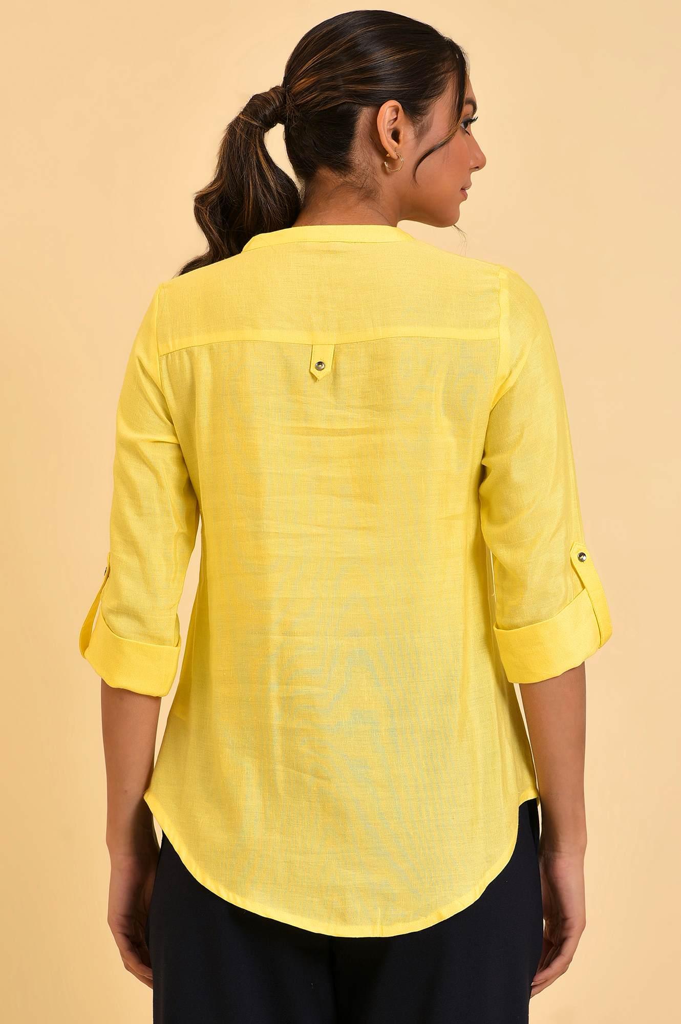 W for Woman Yellow Blue Cotton Flax Top