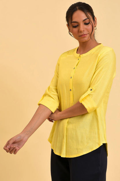 W for Woman Yellow Blue Cotton Flax Top