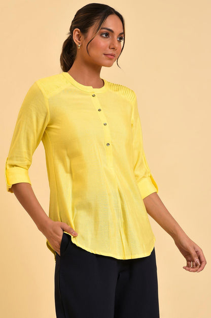 W for Woman Yellow Blue Cotton Flax Top