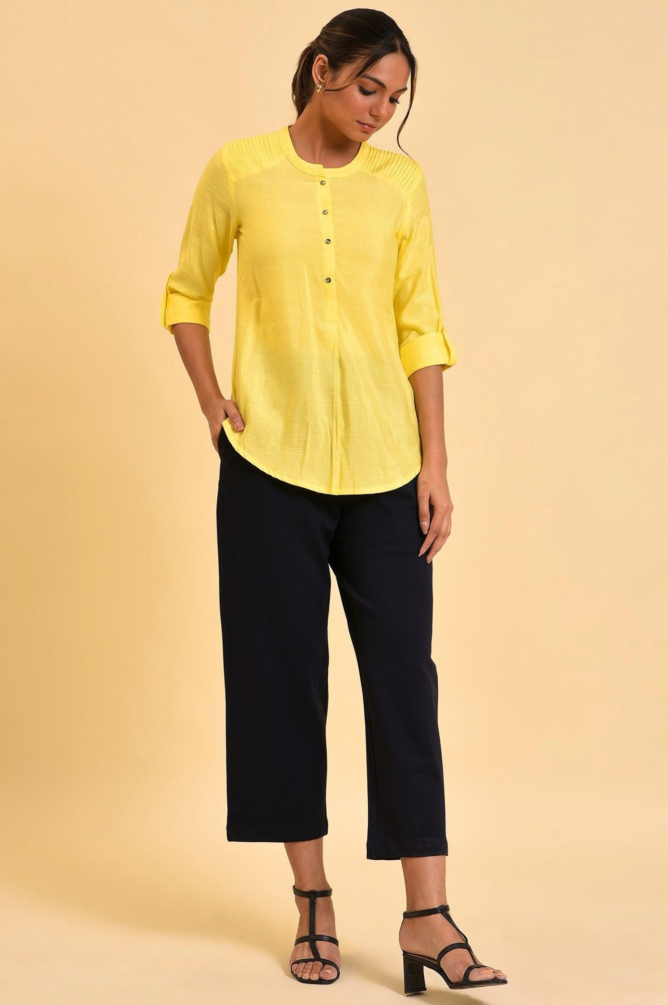 W for Woman Yellow Blue Cotton Flax Top