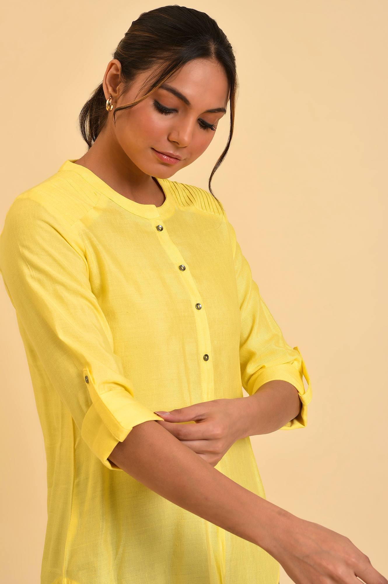 W for Woman Yellow Blue Cotton Flax Top