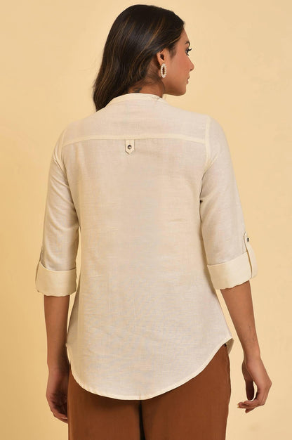 W for Woman White Blue Cotton Flax Top