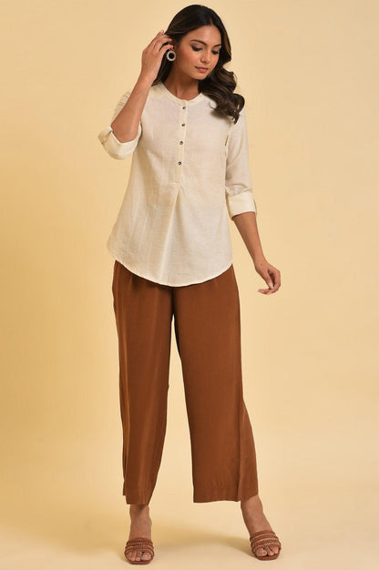 W for Woman White Blue Cotton Flax Top