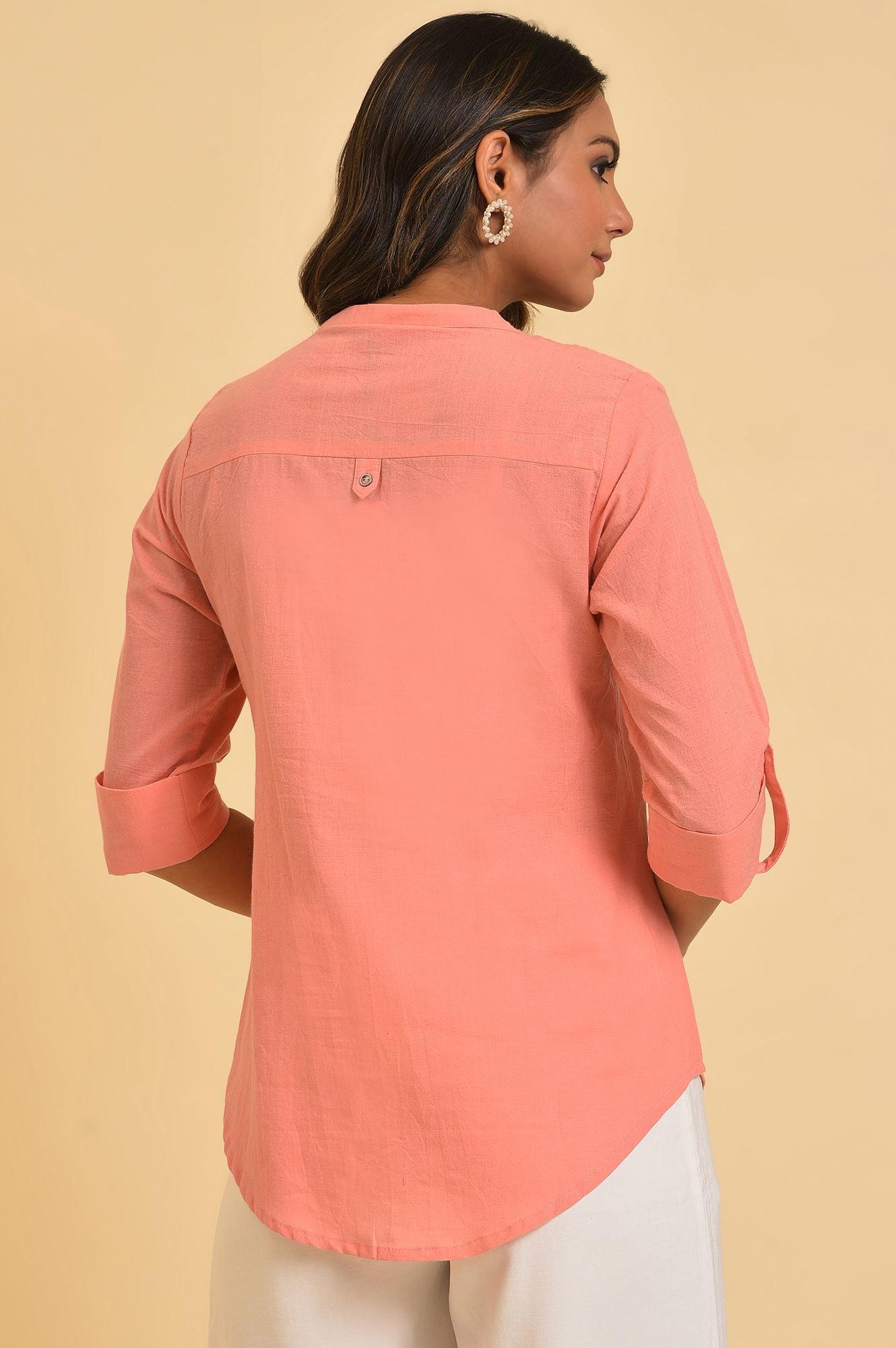 W for Woman Pink Blue Cotton Flax Top