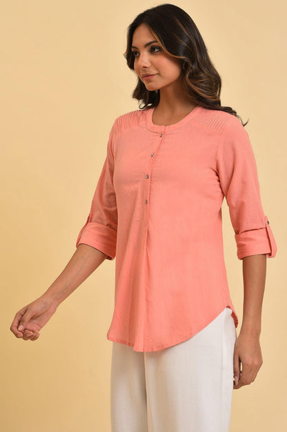 W for Woman Pink Blue Cotton Flax Top