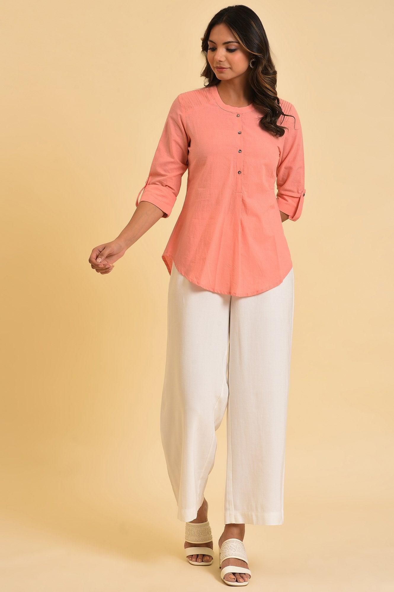 W for Woman Pink Blue Cotton Flax Top