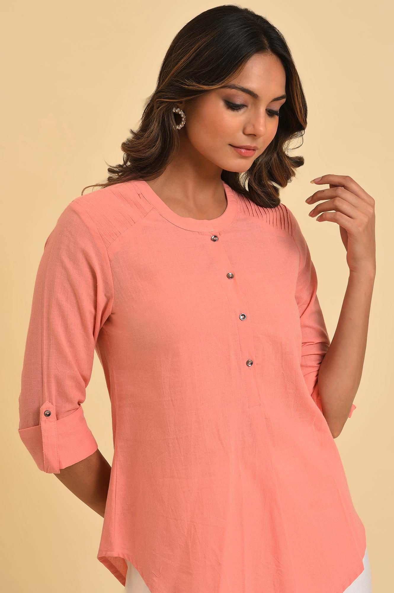 W for Woman Pink Blue Cotton Flax Top
