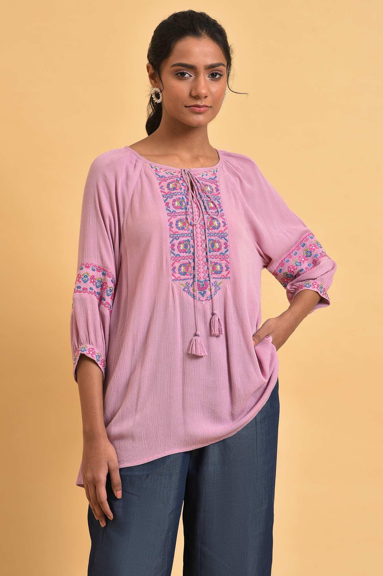 W for Woman Pink Embroidered Western Top