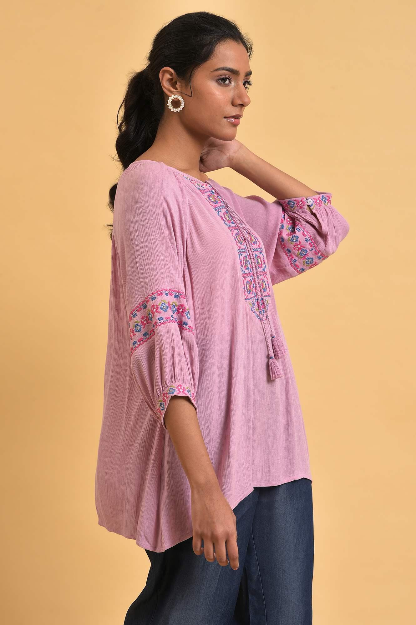 W for Woman Pink Embroidered Western Top