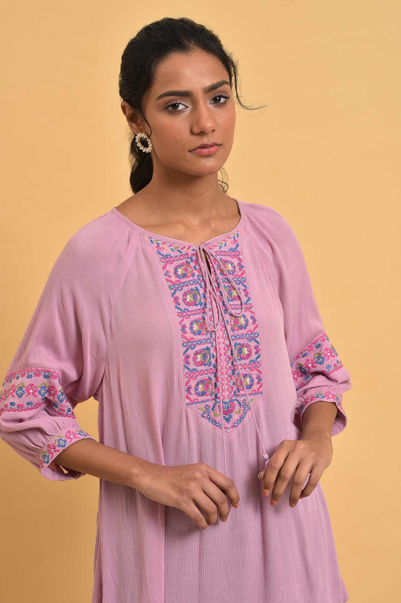 W for Woman Pink Embroidered Western Top