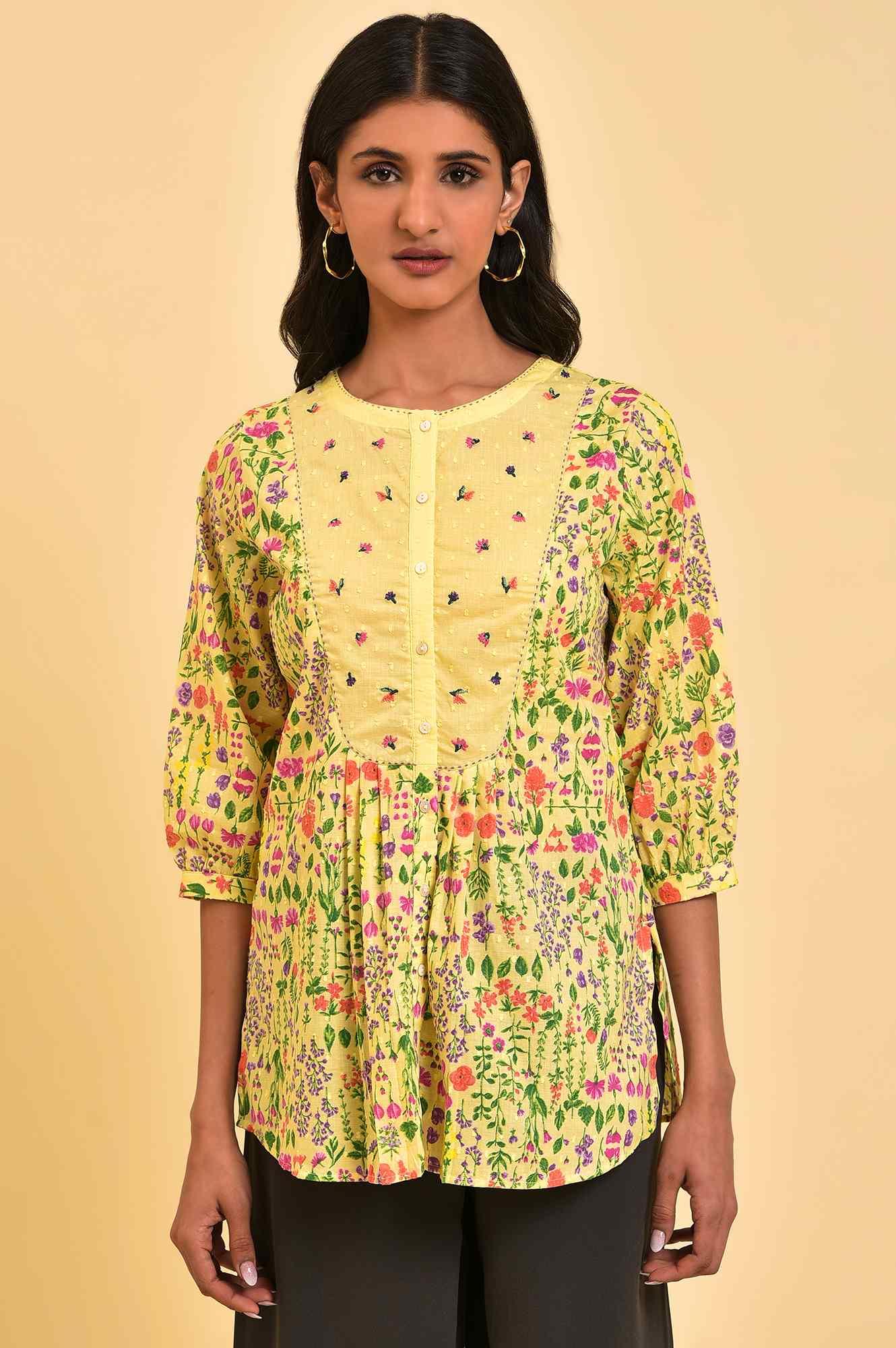 W for Woman Yellow Floral Printed Top With Thread Embroidery