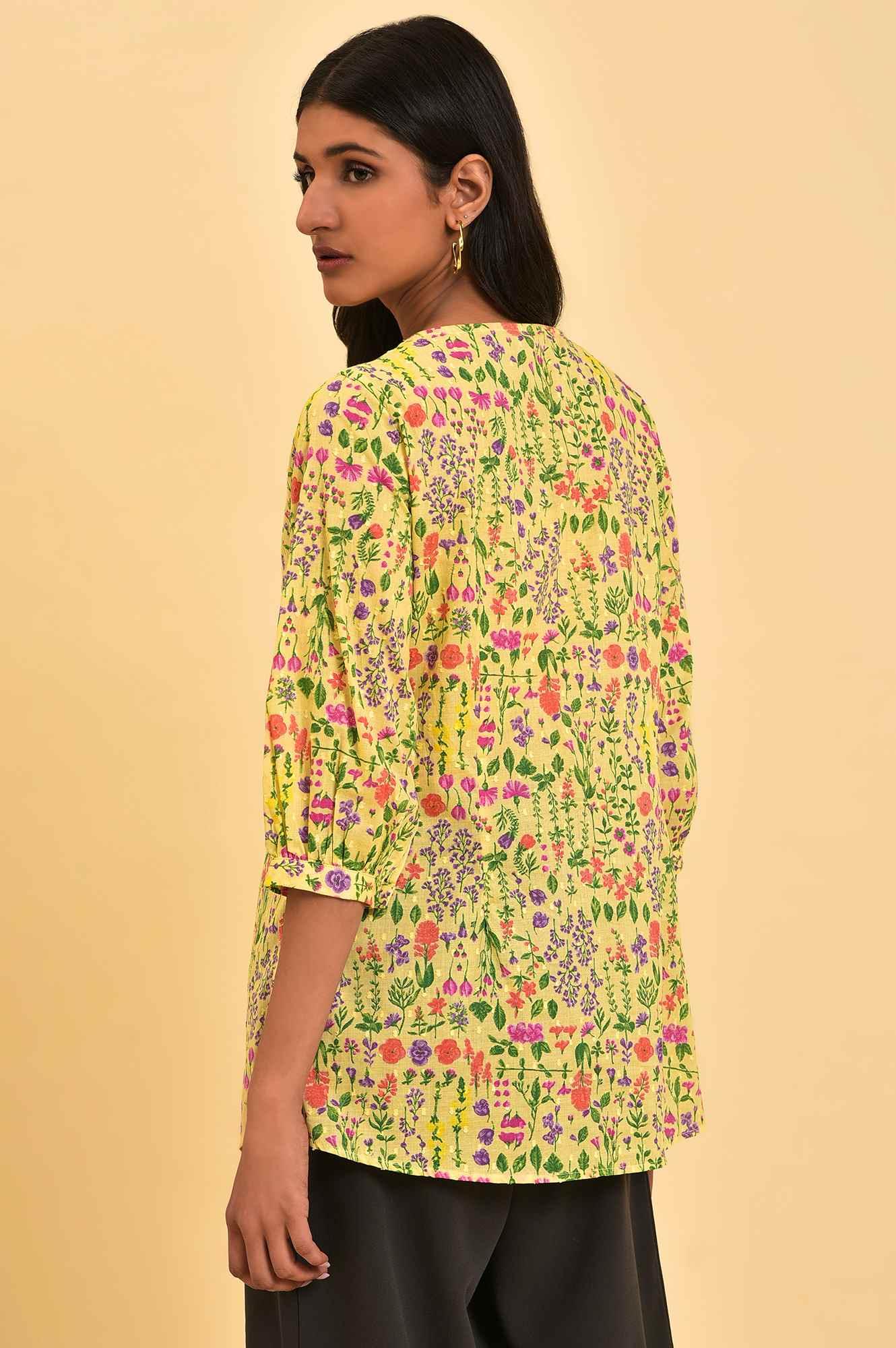 W for Woman Yellow Floral Printed Top With Thread Embroidery