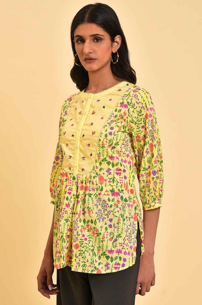 W for Woman Yellow Floral Printed Top With Thread Embroidery