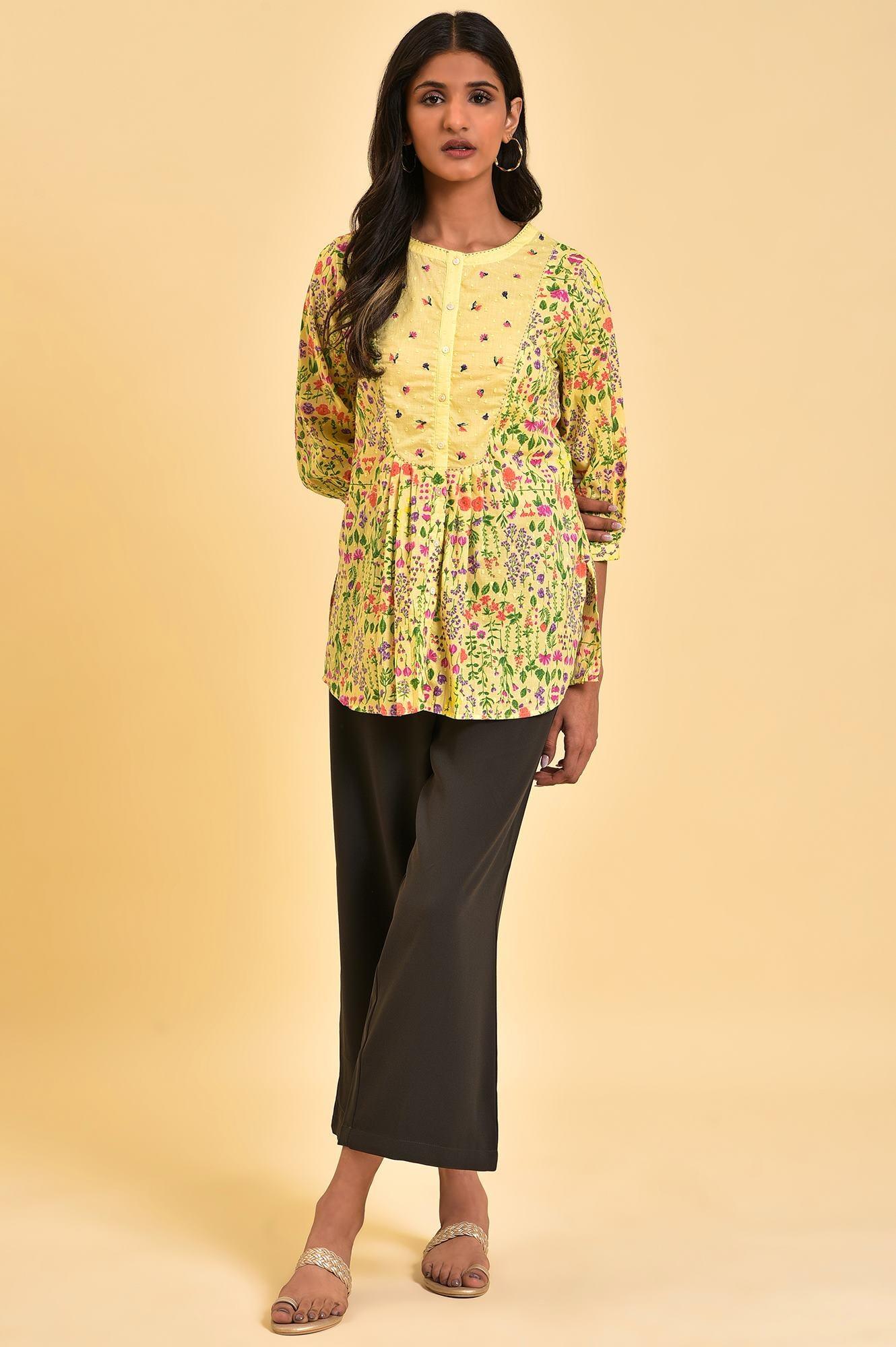 W for Woman Yellow Floral Printed Top With Thread Embroidery