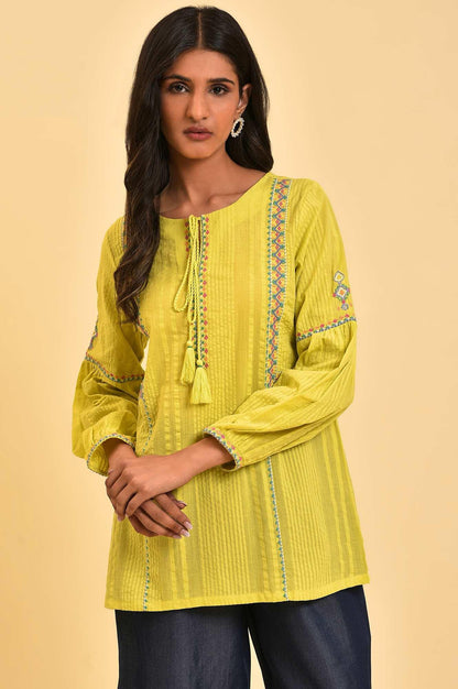 W for Woman Lime Yellow Seer Sucker Printed Top