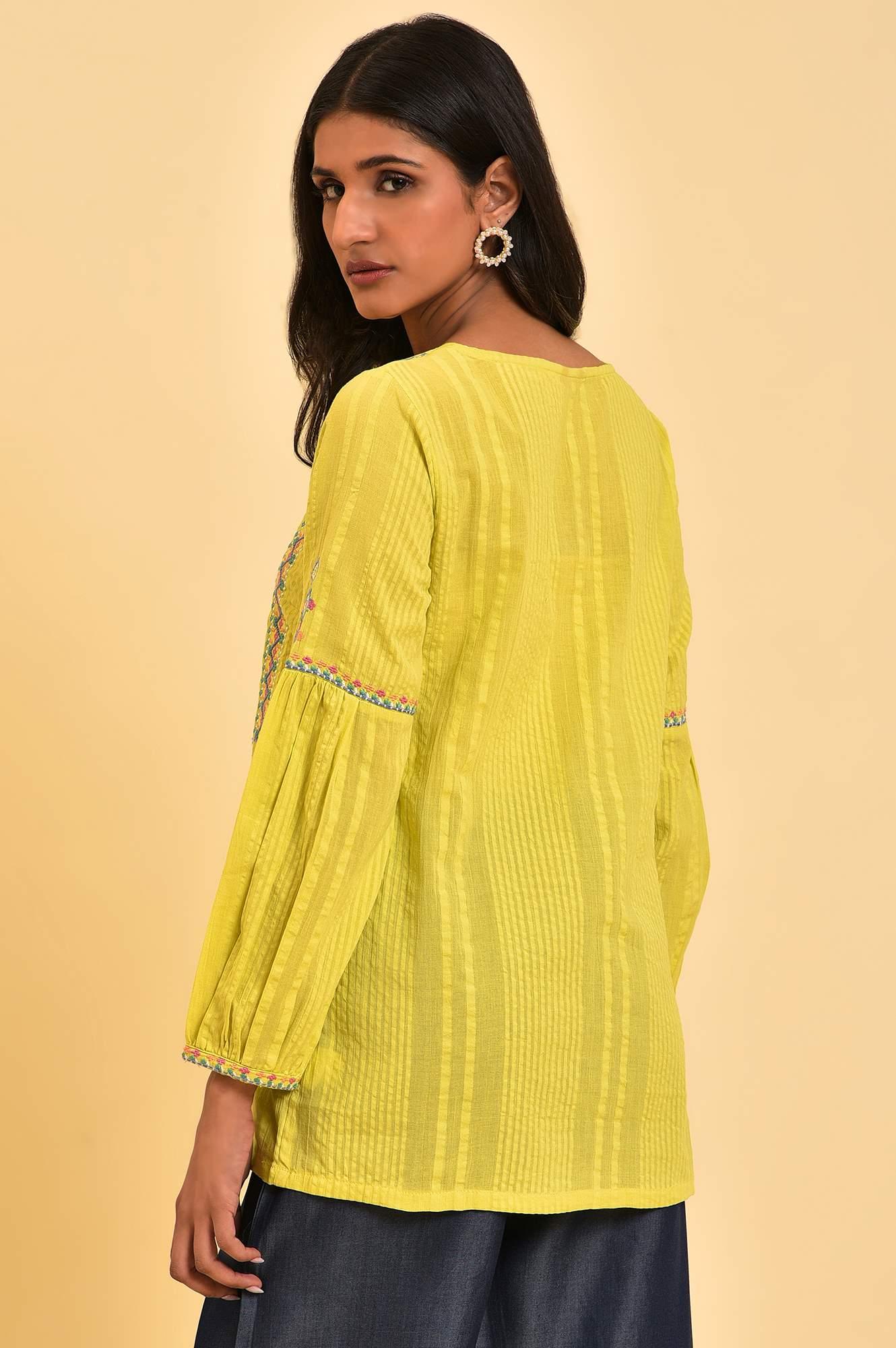 W for Woman Lime Yellow Seer Sucker Printed Top