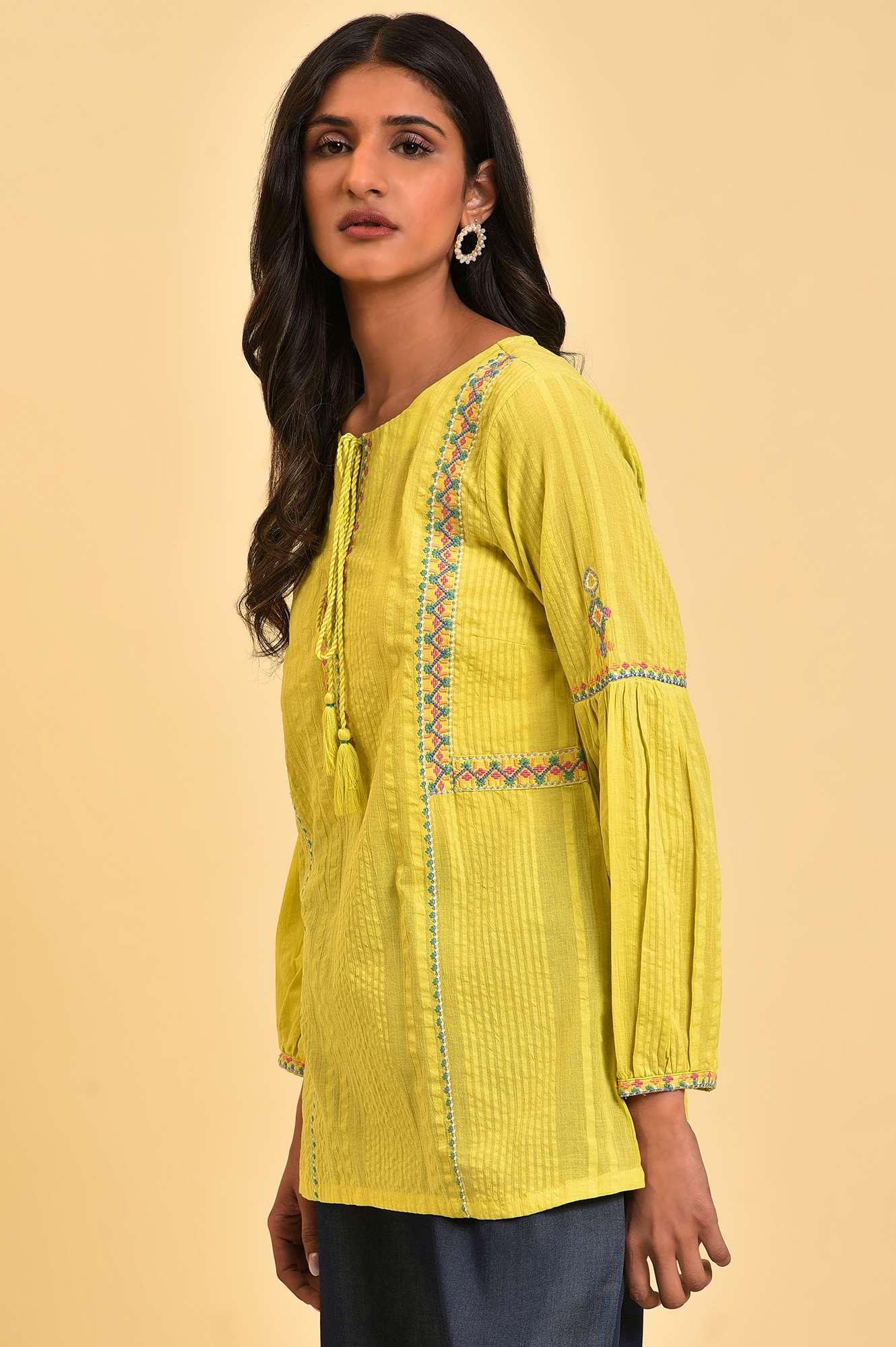 W for Woman Lime Yellow Seer Sucker Printed Top