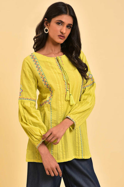 W for Woman Lime Yellow Seer Sucker Printed Top