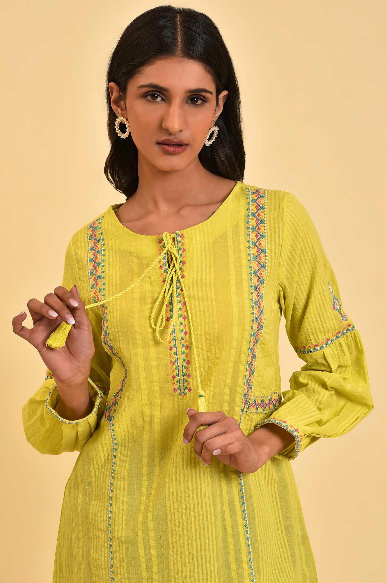 W for Woman Lime Yellow Seer Sucker Printed Top