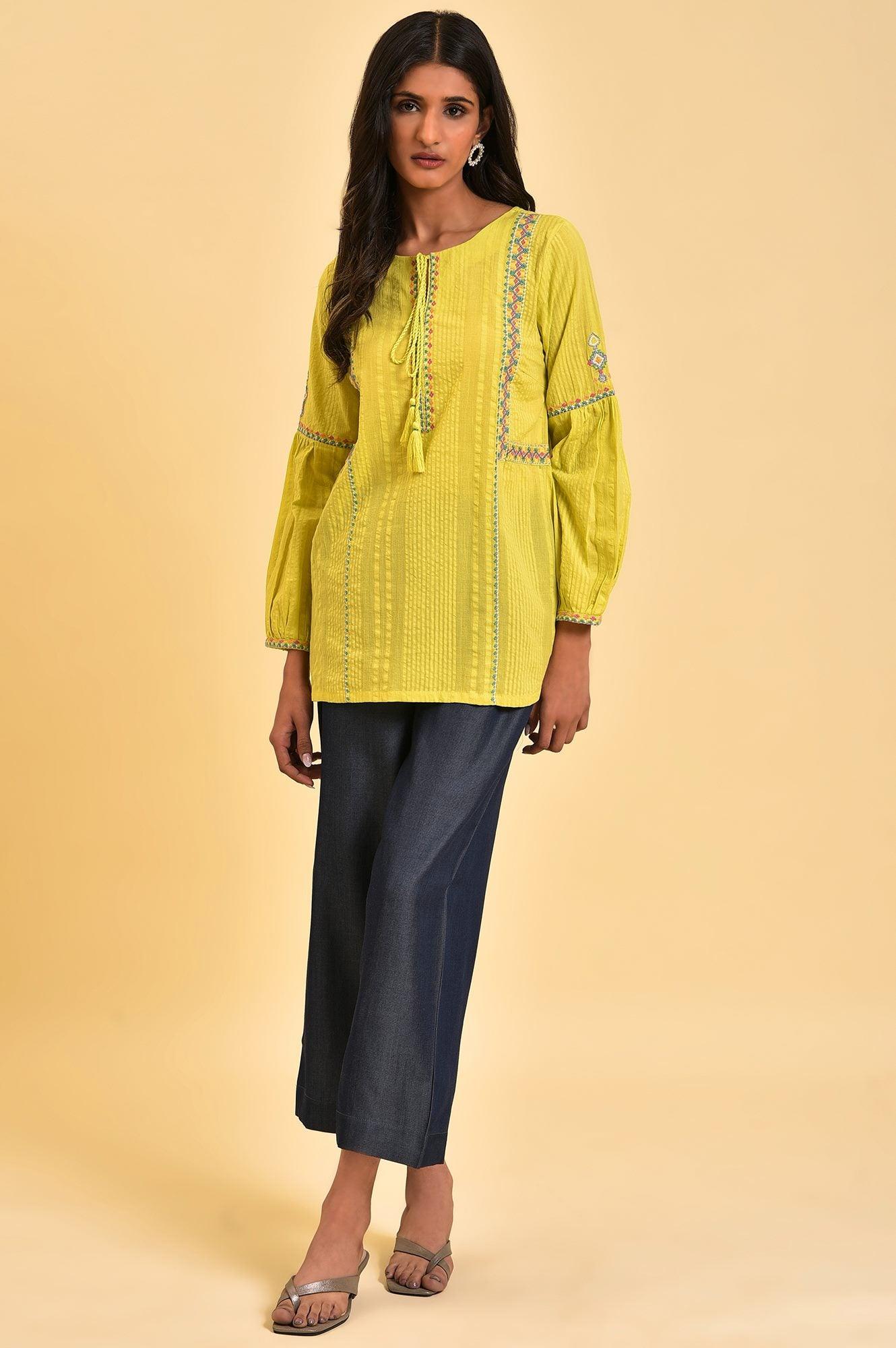 W for Woman Lime Yellow Seer Sucker Printed Top