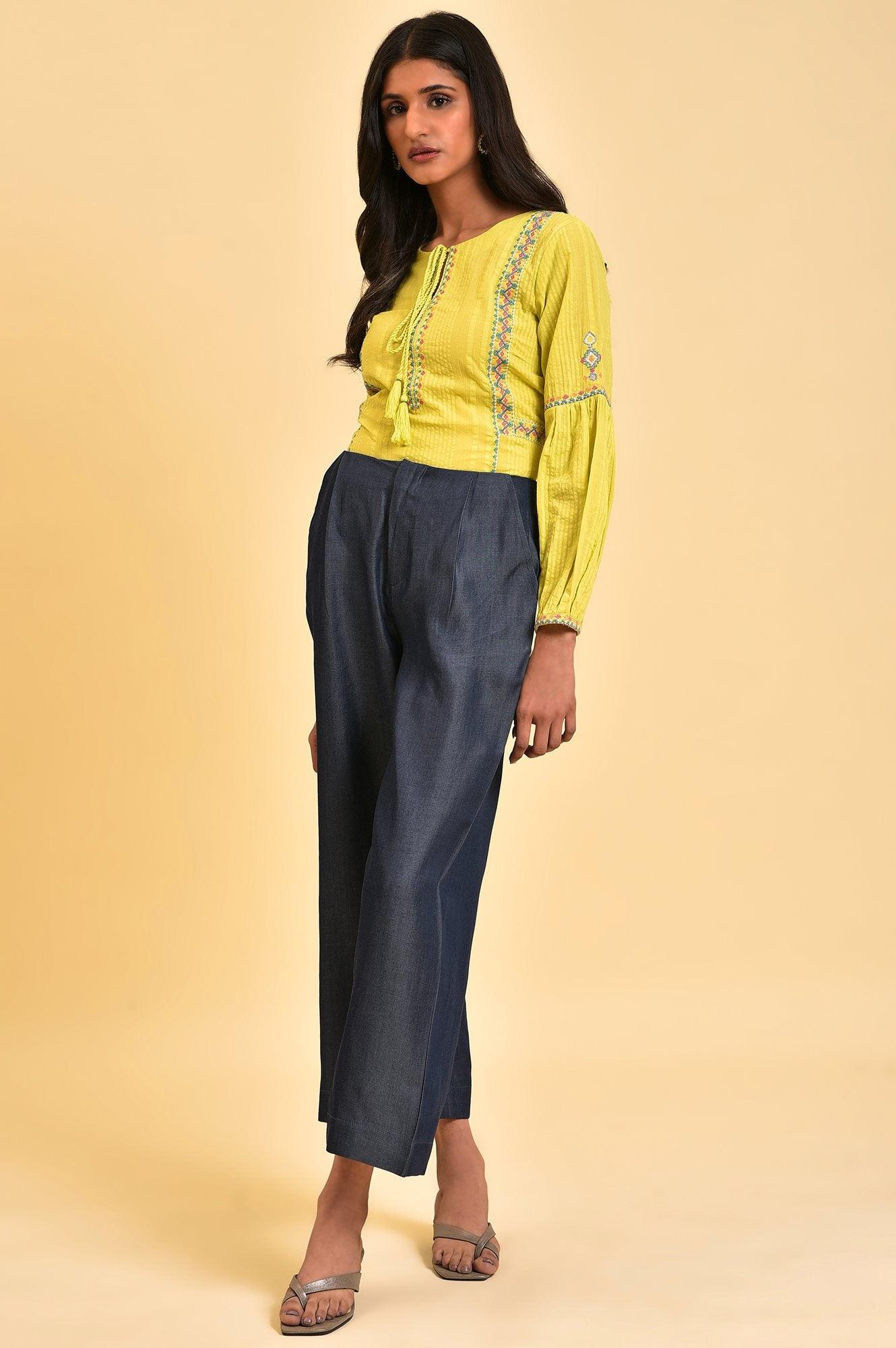 W for Woman Lime Yellow Seer Sucker Printed Top