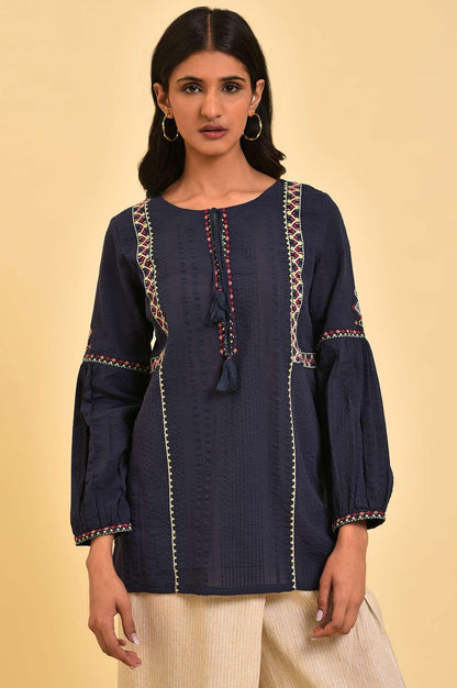 W for Woman Navy Embroidered A-Line Western Top