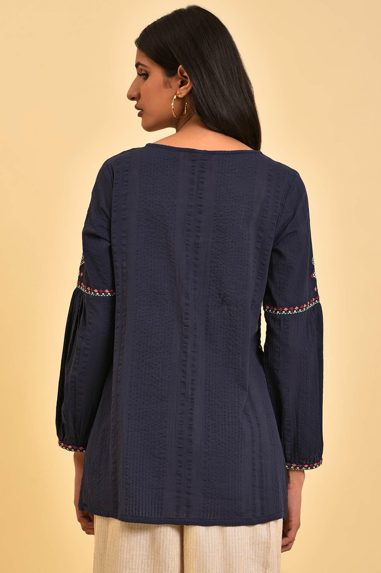W for Woman Navy Embroidered A-Line Western Top
