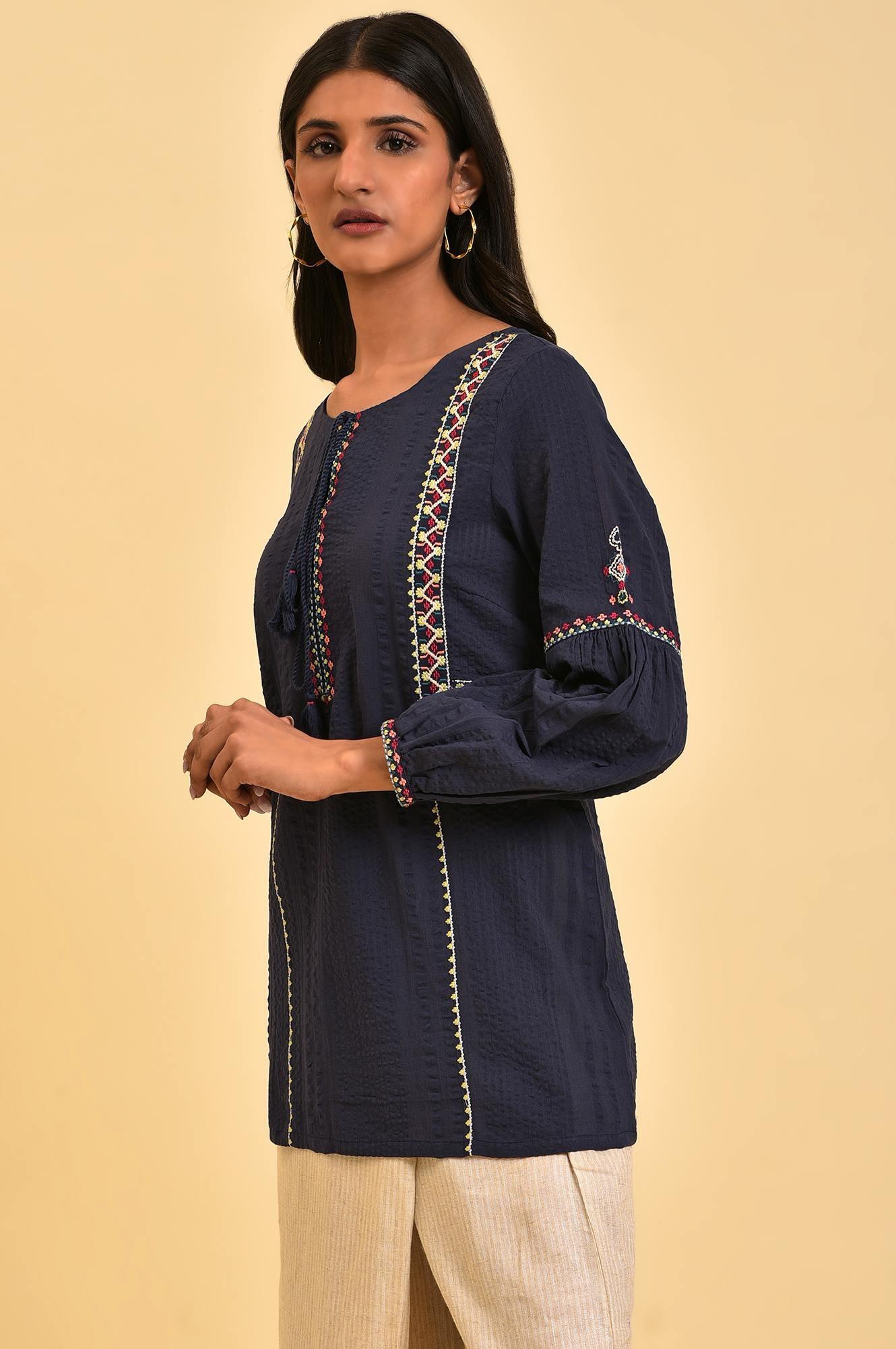 W for Woman Navy Embroidered A-Line Western Top