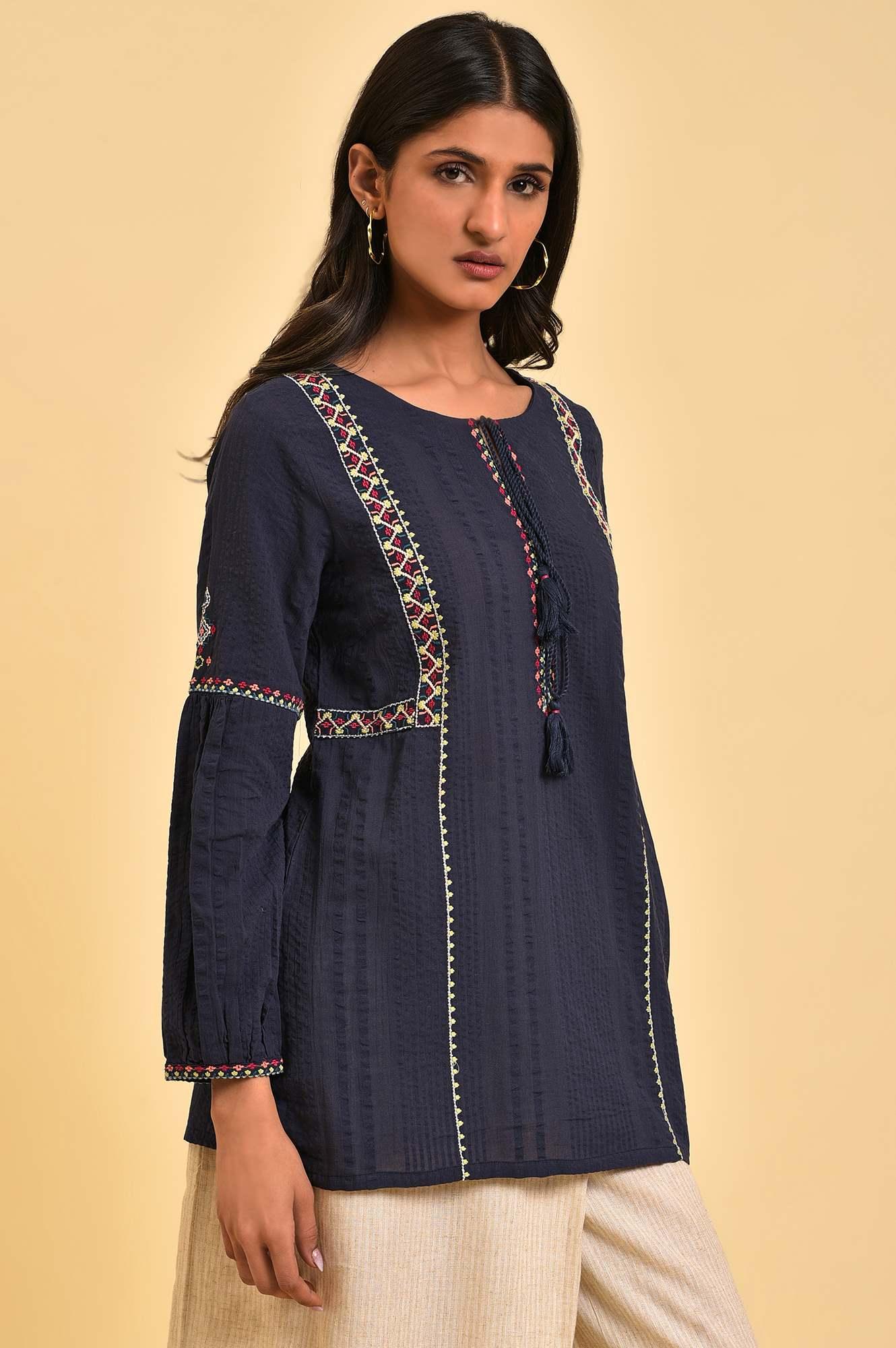 W for Woman Navy Embroidered A-Line Western Top